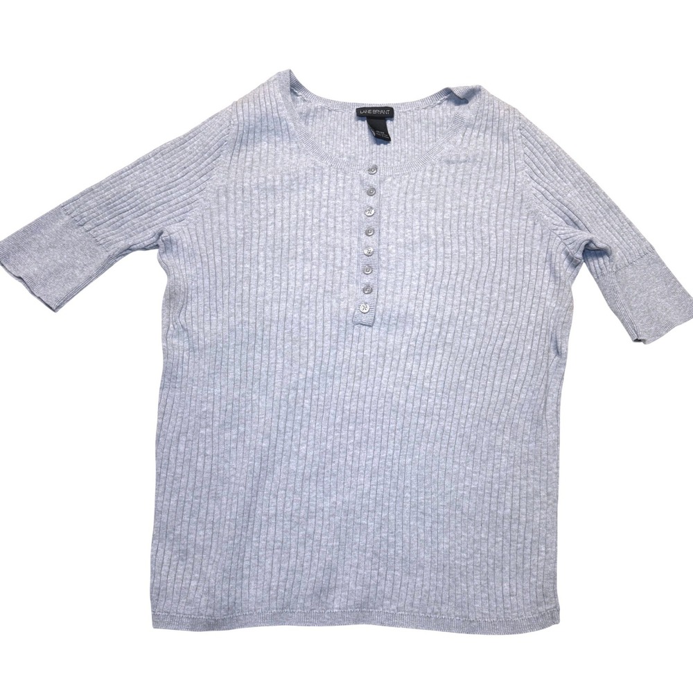Lane Bryant Gray Ribbed Henley Button Up Top 18/20 Cotton Short Sleeve‎